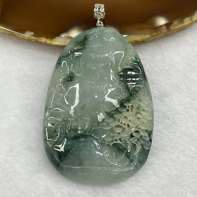 Grand Master Certified Semi Icy Type A Green Piao Hua Jadeite Shan Shui 39.13g 57.4 by 39.3 by 8.5mm - Huangs Jadeite and Jewelry Pte Ltd