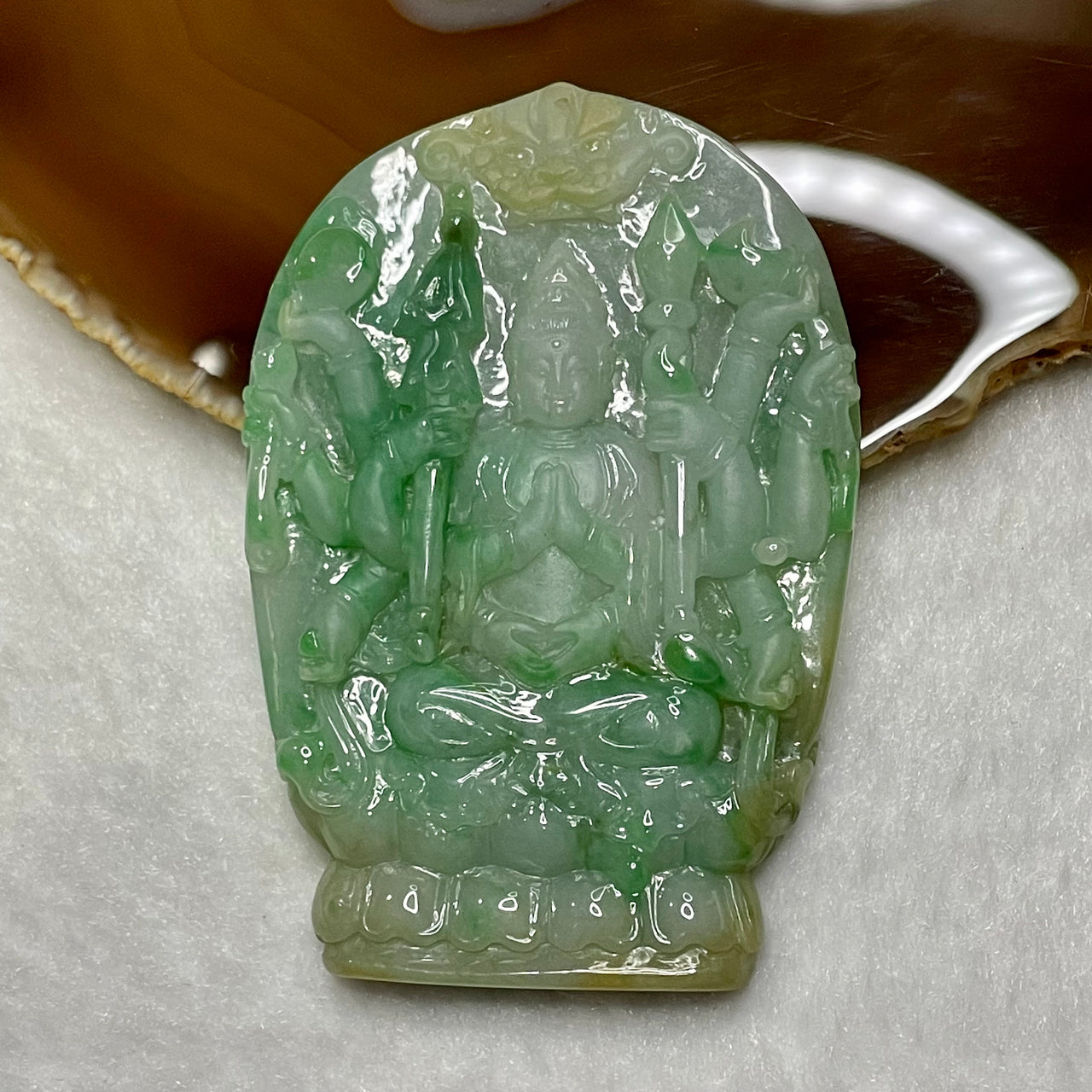 Type A Spicy Green Jade Jadeite Thousand Hands Guan Yin 57.36g 76.5 by 52.0 by 7.9mm - Huangs Jadeite and Jewelry Pte Ltd