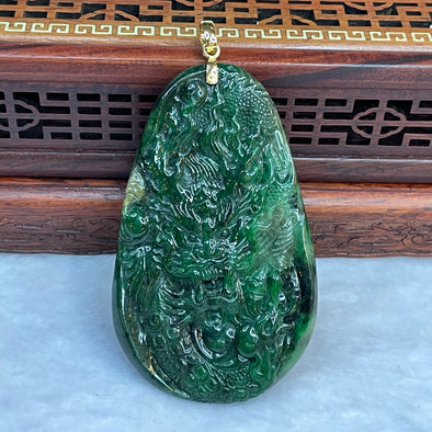 18K Yellow Gold Rare Type A Blueish Green with Dark Blueish Green Patches Jade Jadeite Authority Dragon Pendant with NGI Cert 159.56 cts 70.29 by 42.62 by 6.08mm - Huangs Jadeite and Jewelry Pte Ltd