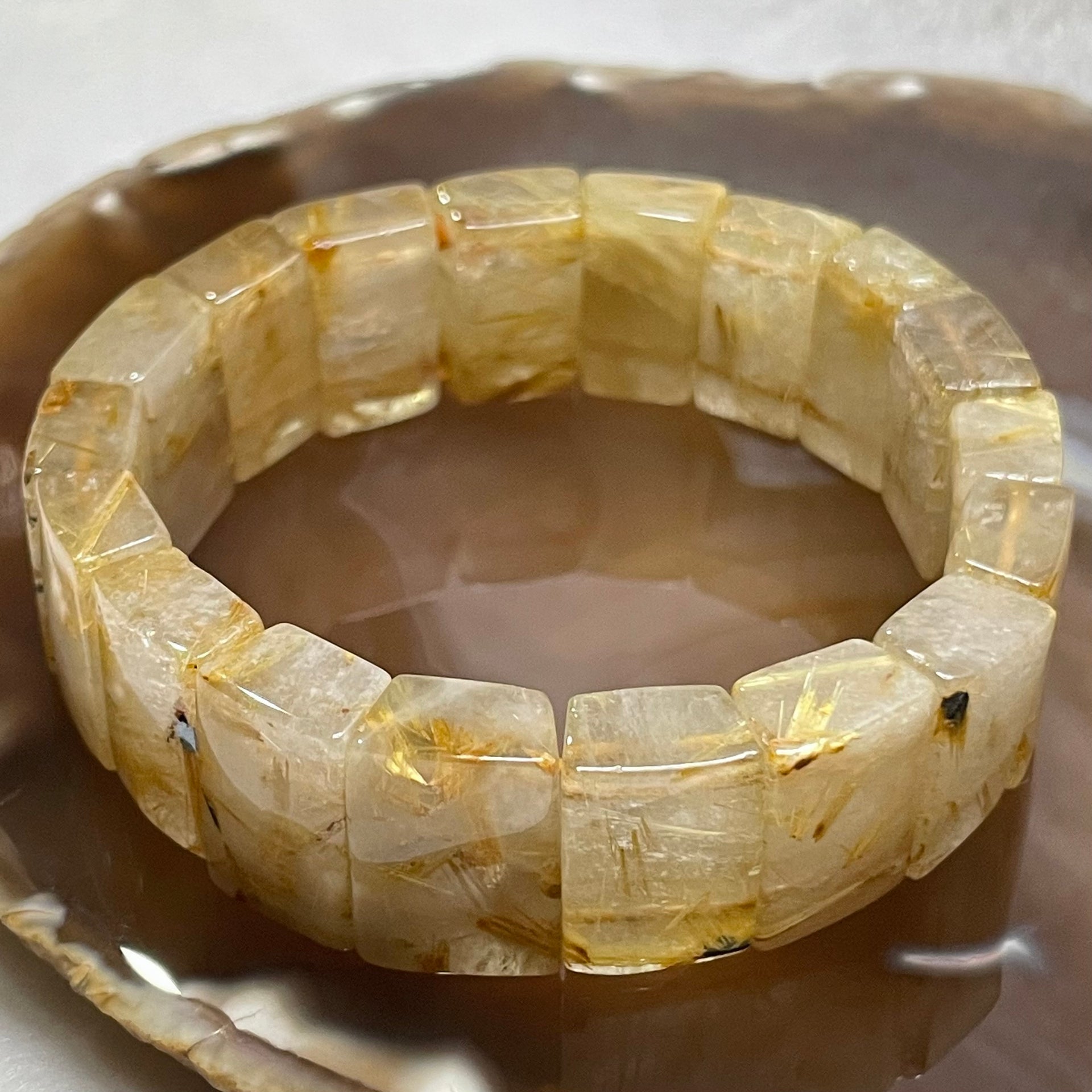 Natural Golden Rutilated Quartz Bracelet 手牌 - 73.11g 18.6 by 13.7 by 8.3mm/piece 18 pieces - Huangs Jadeite and Jewelry Pte Ltd