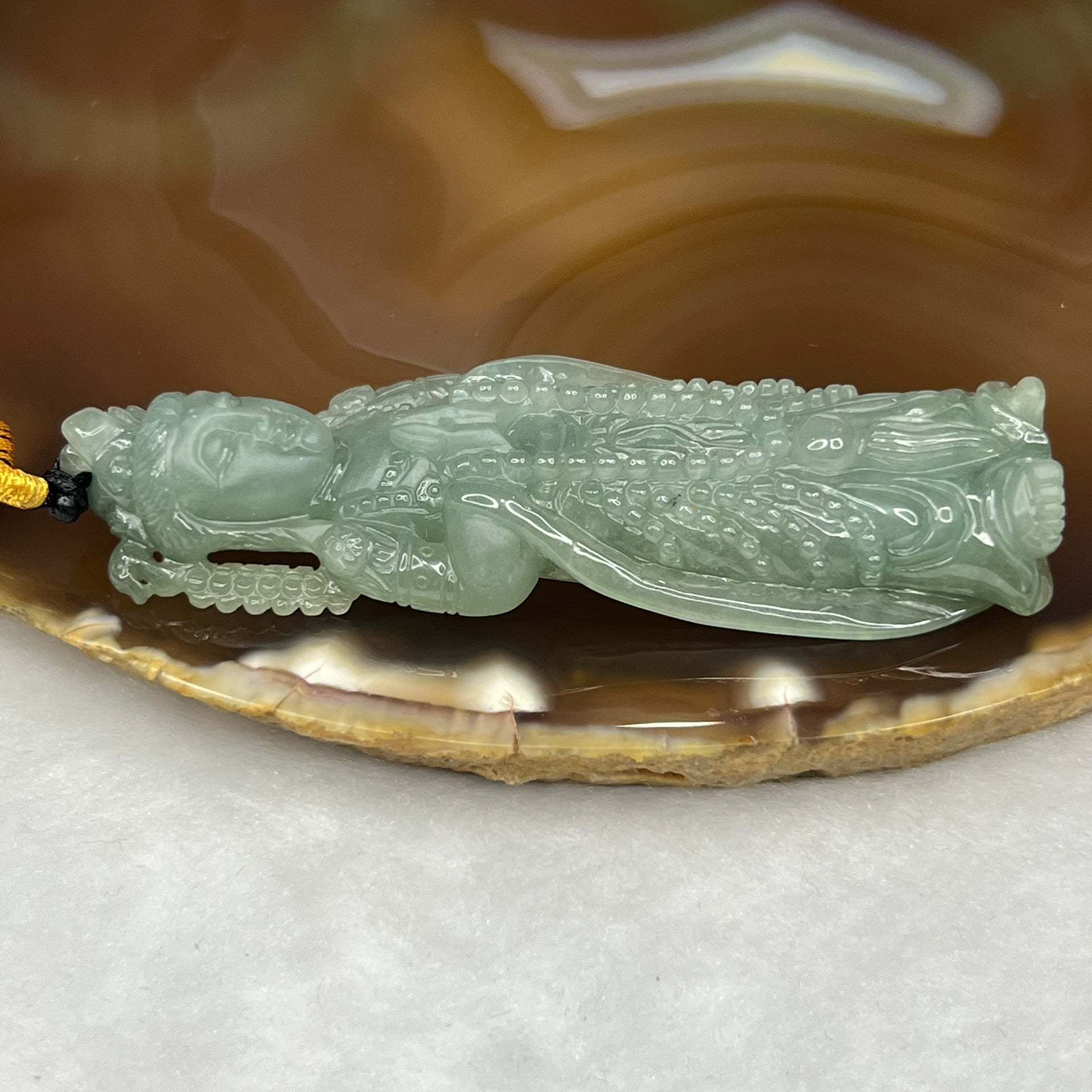 RARE 3D Carving Type A Semi Icy Green Jade Jadeite Standing Guan Yin Pendant - 35.9g 73.9 by 23.7 by 11.7mm - Huangs Jadeite and Jewelry Pte Ltd