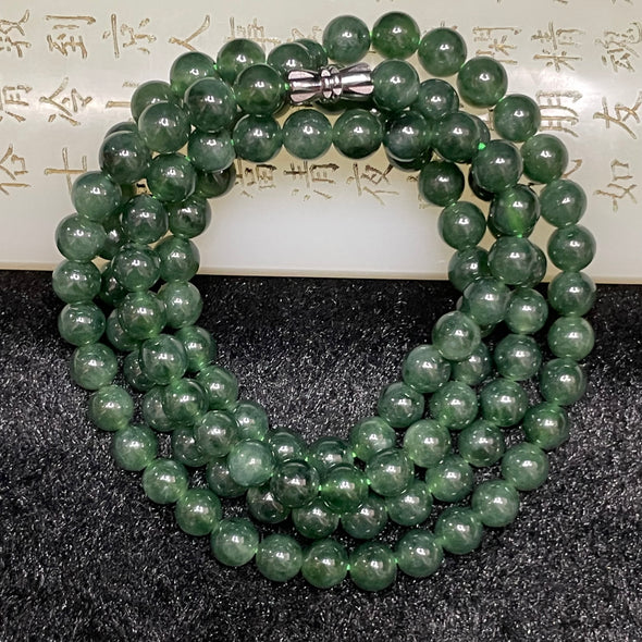 Type A Burmese Icy Dark Green Jade Jadeite Necklace - 54.53g 6.6mm/bead 108 beads - Huangs Jadeite and Jewelry Pte Ltd