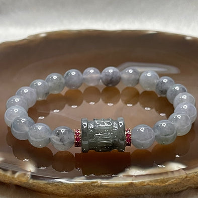 Type A Grey Jade Jadeite Om Mani Padme Hum Barrel Beads Bracelet - 25.45g Barrel: 14.4 by 11.6 by 11.1mm Beads: 8.2mm/bead 20 beads - Huangs Jadeite and Jewelry Pte Ltd