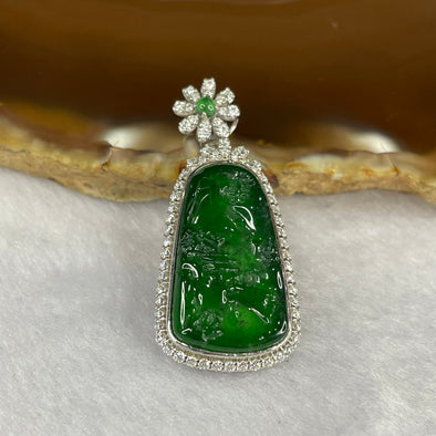 18K White Gold Type A Omphacite Blueish Green Jadeite Shan Shui with Diamonds and NGI Cert - 4.18g 22.96 by 13.06 - Huangs Jadeite and Jewelry Pte Ltd