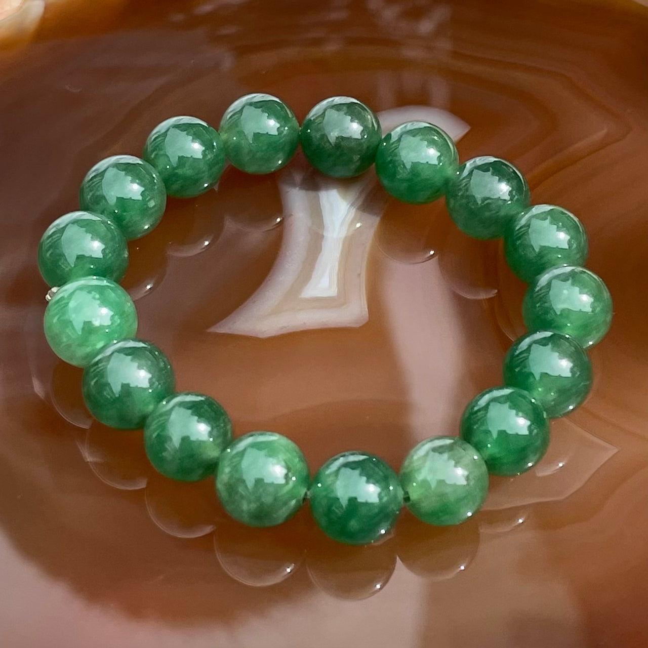 Rare High End Type A Icy Spinach Green Burmese Jade Jadeite Bracelet - 34.14g 10.5mm/bead 17 beads - Huangs Jadeite and Jewelry Pte Ltd