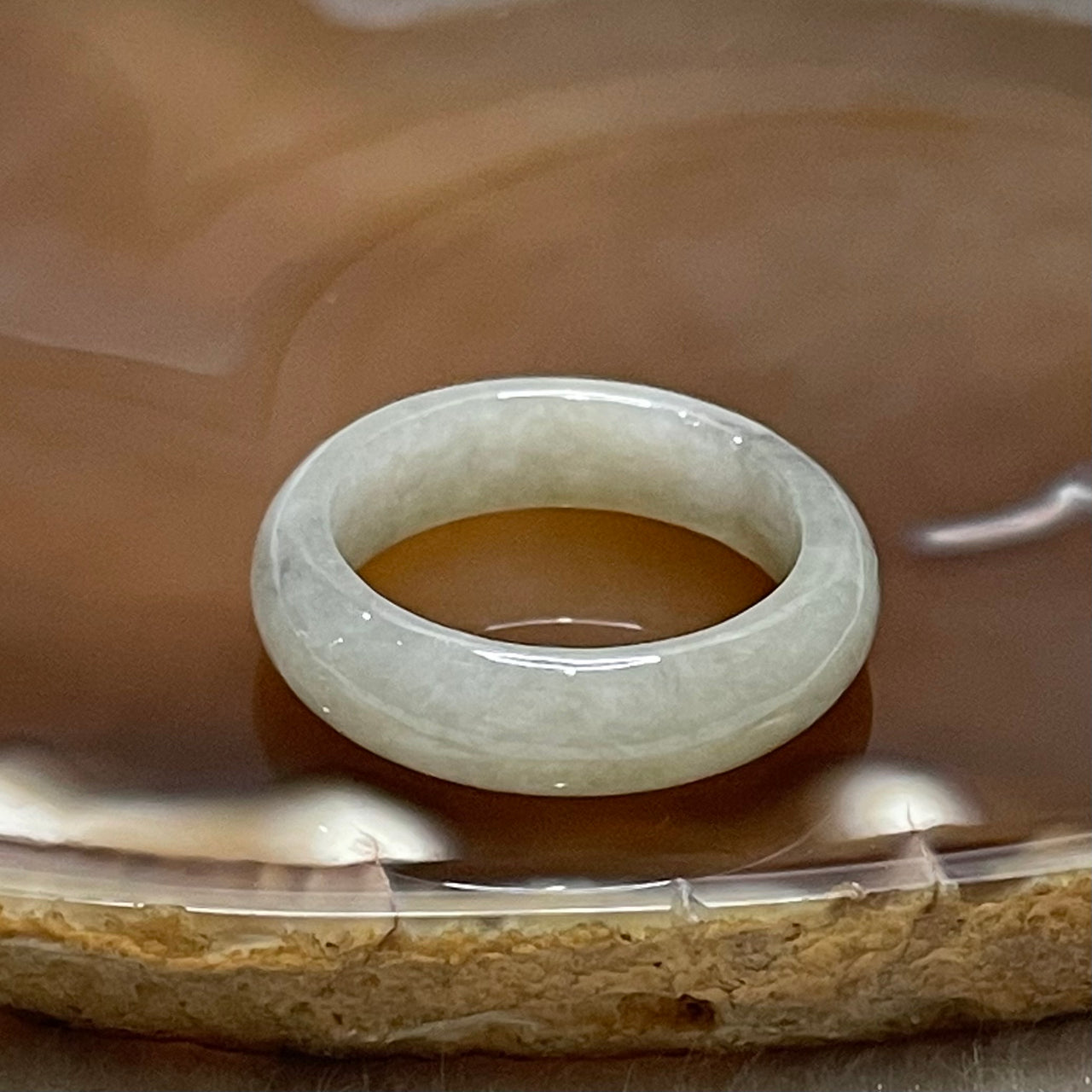 Type A Faint Green Jade Jadeite with Grey Patches Ring - 3.27g US 8 HK 17.5 Inner Diameter 18.1mm Thickness 5.9 by 3.3mm - Huangs Jadeite and Jewelry Pte Ltd