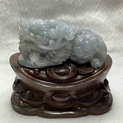 Type A Blueish Lavender Jade Jadeite Pixiu & Ruyi Display with Wooden Stand: Pixiu: 373.1g 93.1 by 43.1 by 43.7mm With Stand: 747.5g 215.4 by 111.5 by 99.6mm - Huangs Jadeite and Jewelry Pte Ltd