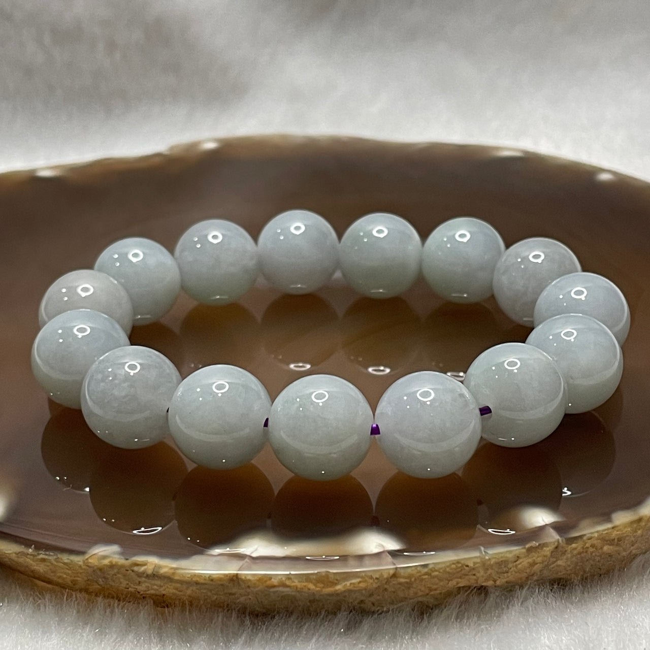 Type A Faint Green & Grey Jade Jadeite Beads Bracelet - 58.31g 13.2mm/bead 15 beads - Huangs Jadeite and Jewelry Pte Ltd