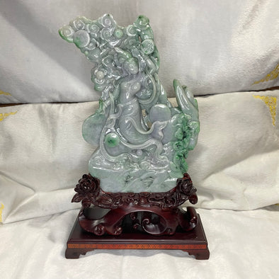 Type A Lavender & Green 仙女 with Wooden Stand Display Piece - 3.38kg Dimensions with Stand - 43 by 27 by 10cm Jade Dimensions - 31 by 22 by 3cm - Huangs Jadeite and Jewelry Pte Ltd