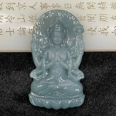 Type A Blueish Green Jade Jadeite Thousand Hands Guan Yin Pendant - 40.47g 70.6 by 39.6 by 9.6mm - Huangs Jadeite and Jewelry Pte Ltd