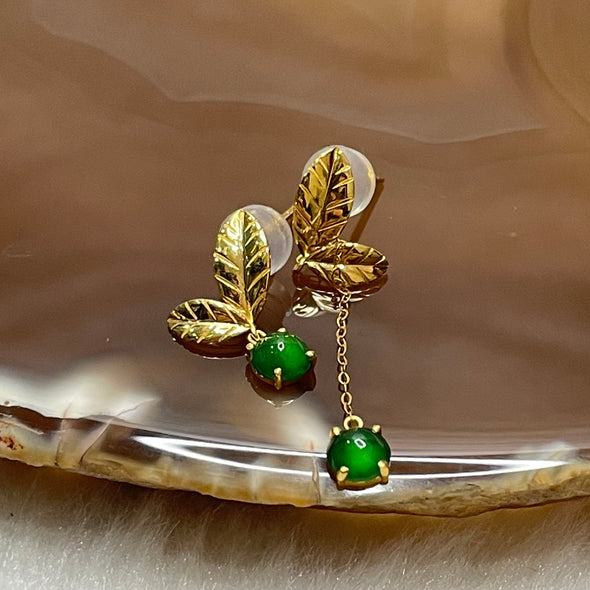 Type A Green Jade Jadeite Leaf Pair of Earrings with 18K Gold - 1.25g 4.3 by 4.3 by 2.5mm - Huangs Jadeite and Jewelry Pte Ltd