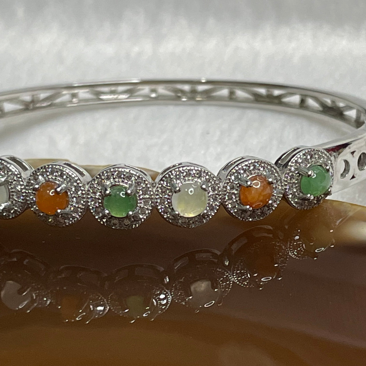 Type A Mixed Colour Jade Jadeite Bracelet 925 Sliver 12.83g Thickness: 7.7 by 5.2mm inner diameter: 59.3 by 52.8mm - Huangs Jadeite and Jewelry Pte Ltd