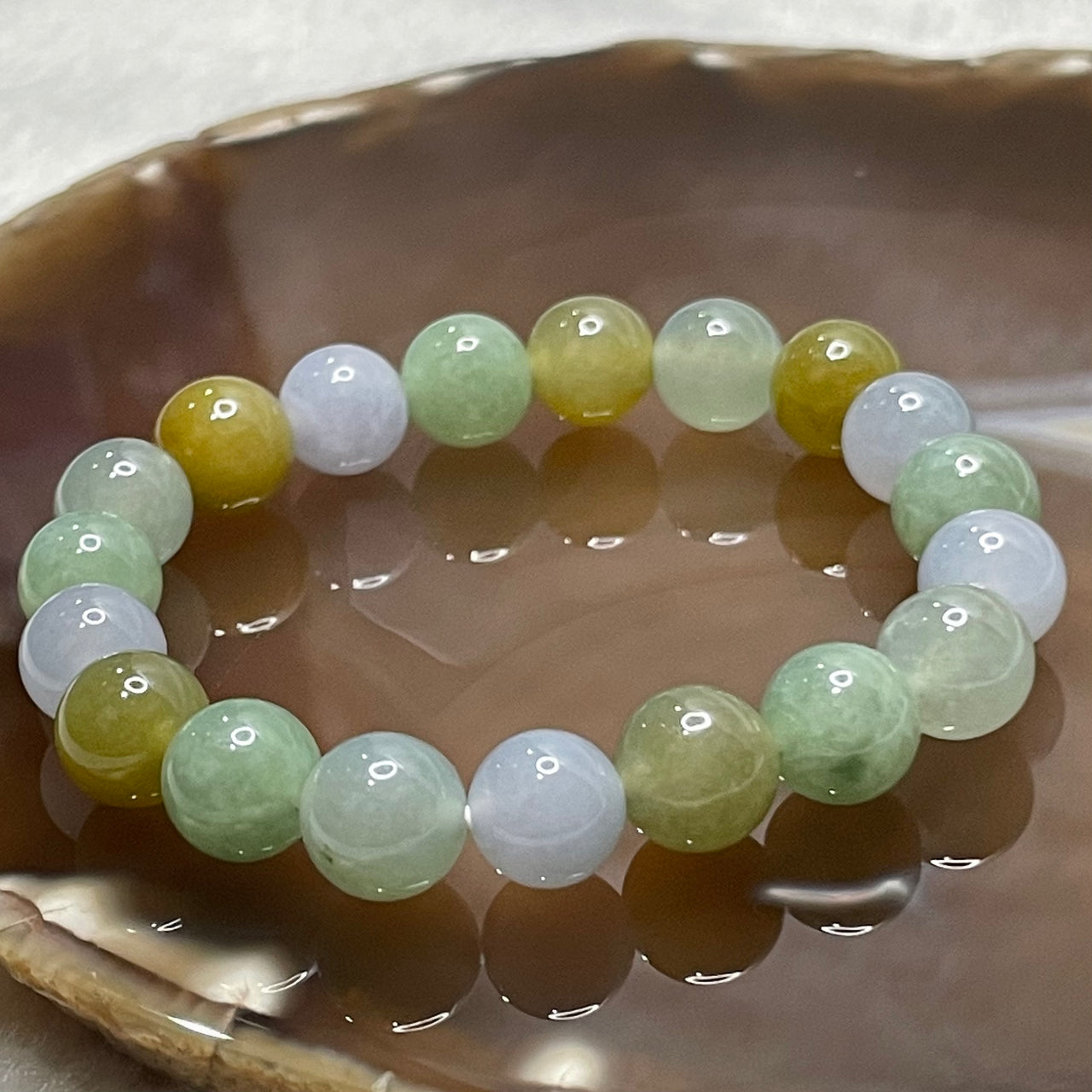 Type A Faint Lavender, Green & Yellow Jade Jadeite Beads Bracelet - 28.74g 10.0mm/bead 19 beads - Huangs Jadeite and Jewelry Pte Ltd