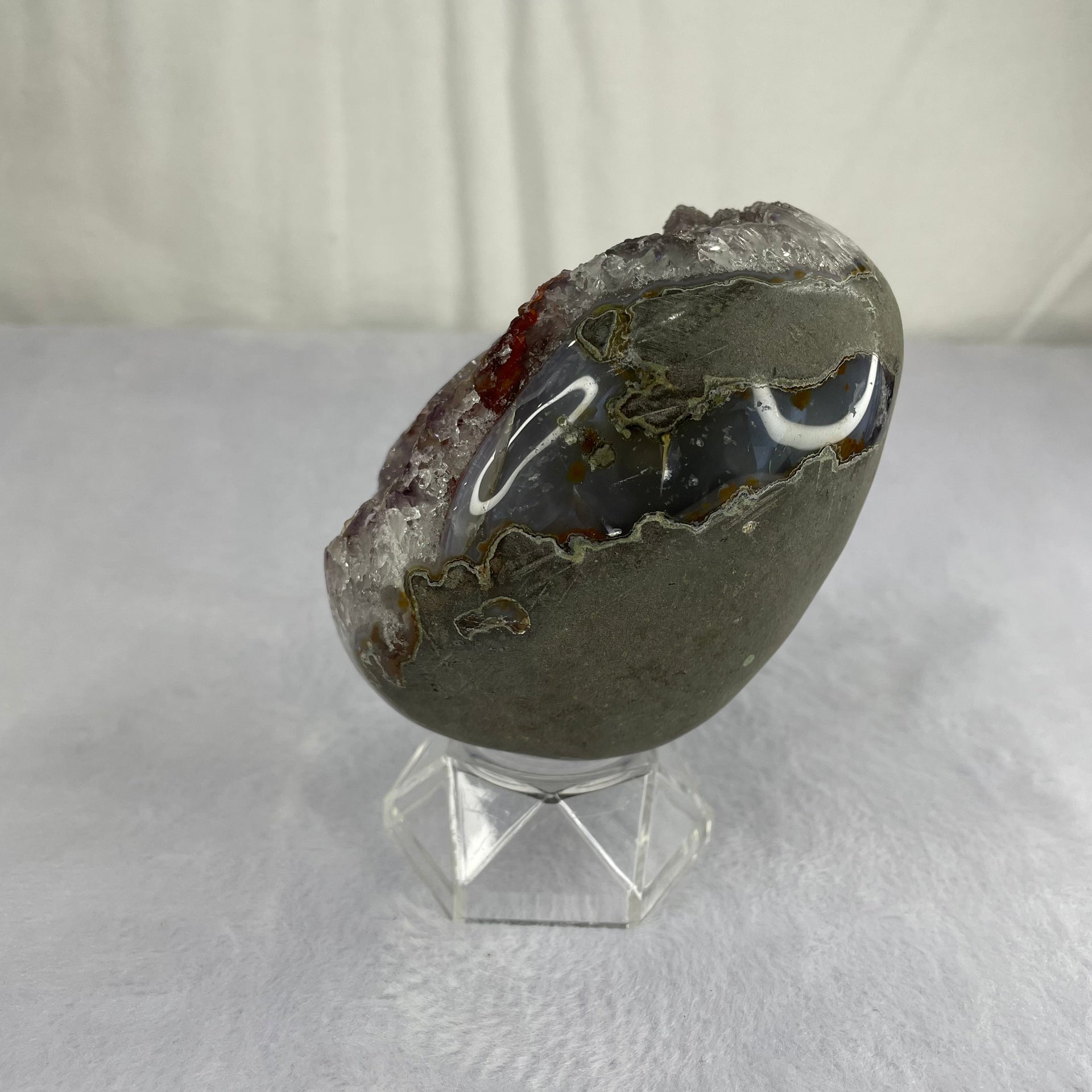 Natural Amethyst Dragon Egg Display with Stand - 631.9g 71.5 by 70.5 by 102.2mm - Huangs Jadeite and Jewelry Pte Ltd