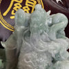 Type A Lavender and Green Jade Jadeite Standing Guan Gong with Wooden Stand and Victory Flag 义薄云天 旗开得胜 - 4.77kg Dimensions with Stand: 49 by 33 by 14cm Jade Dimensions: 29 by 23 by 5cm - Huangs Jadeite and Jewelry Pte Ltd