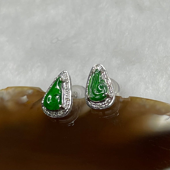 Type A Spicy Green Jade Jadeite Ruyi 18k White Gold Earrings 1.35g 10.5 by 6.8 by 4.1mm - Huangs Jadeite and Jewelry Pte Ltd
