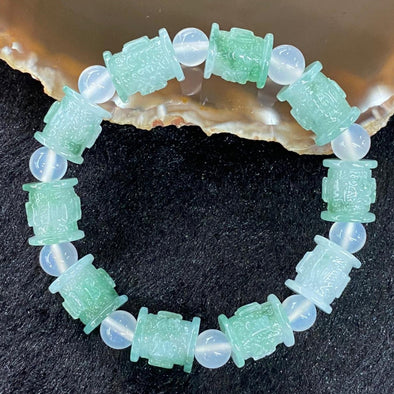 Type A Icy Burmese Jade Jadeite Om Mani Padme Hum Barrel with agate beads- 40.16g - Huangs Jadeite and Jewelry Pte Ltd