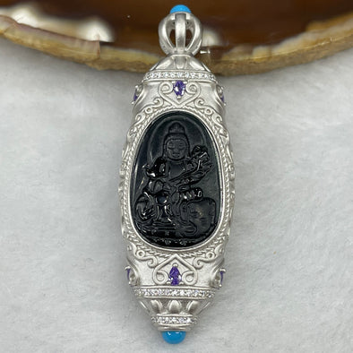 Type A Black Jade Jadeite Guan Yin With 925 Silver Setting 14.23g 58.0 by 19.3 by 9.2mm - Huangs Jadeite and Jewelry Pte Ltd