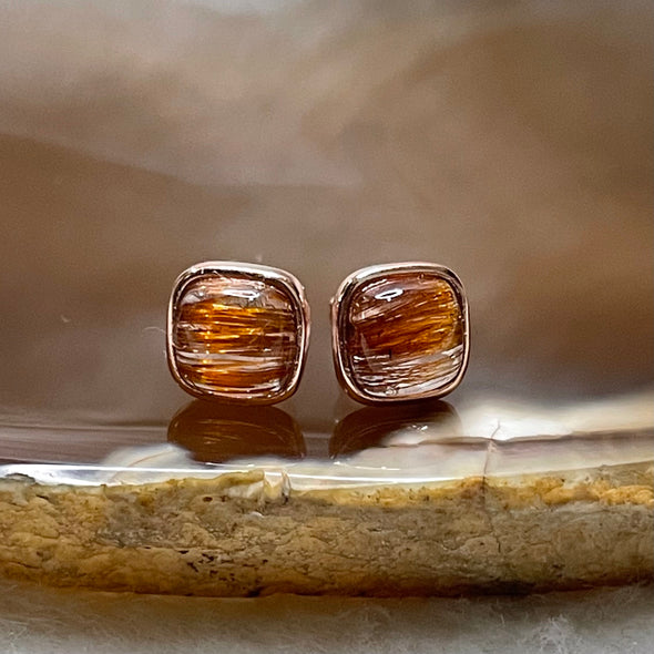 Natural Copper Rutilated Quartz 铜发晶 925 Silver Earrings 0.99g 7.2 by 7.2 by 3.5mm - Huangs Jadeite and Jewelry Pte Ltd