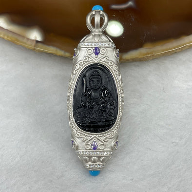 Type A Black Jade Jadeite Guan Yin With 925 Silver Setting 14.38g 58.2 by 19.4 by 9.4mm - Huangs Jadeite and Jewelry Pte Ltd