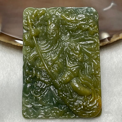 Type A Green & Yellow Jade Jadeite Guan Gong Pendant - 38.44g 65.6 by 45.2 by 6.4mm - Huangs Jadeite and Jewelry Pte Ltd