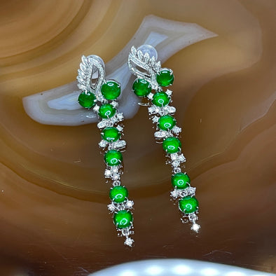 Type A Spicy Green Jade Jadeite Dangling Earrings 18k white gold & diamonds 4.84g 48.4 by 11.0 by 3.2mm each - Huangs Jadeite and Jewelry Pte Ltd