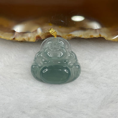 Type A Icy Blueish Green Jade Jadeite Milo Laughing Buddha with 18k Gold Clasp Pendant - 2.64g 20.3 by 21.9 by 3.8mm - Huangs Jadeite and Jewelry Pte Ltd