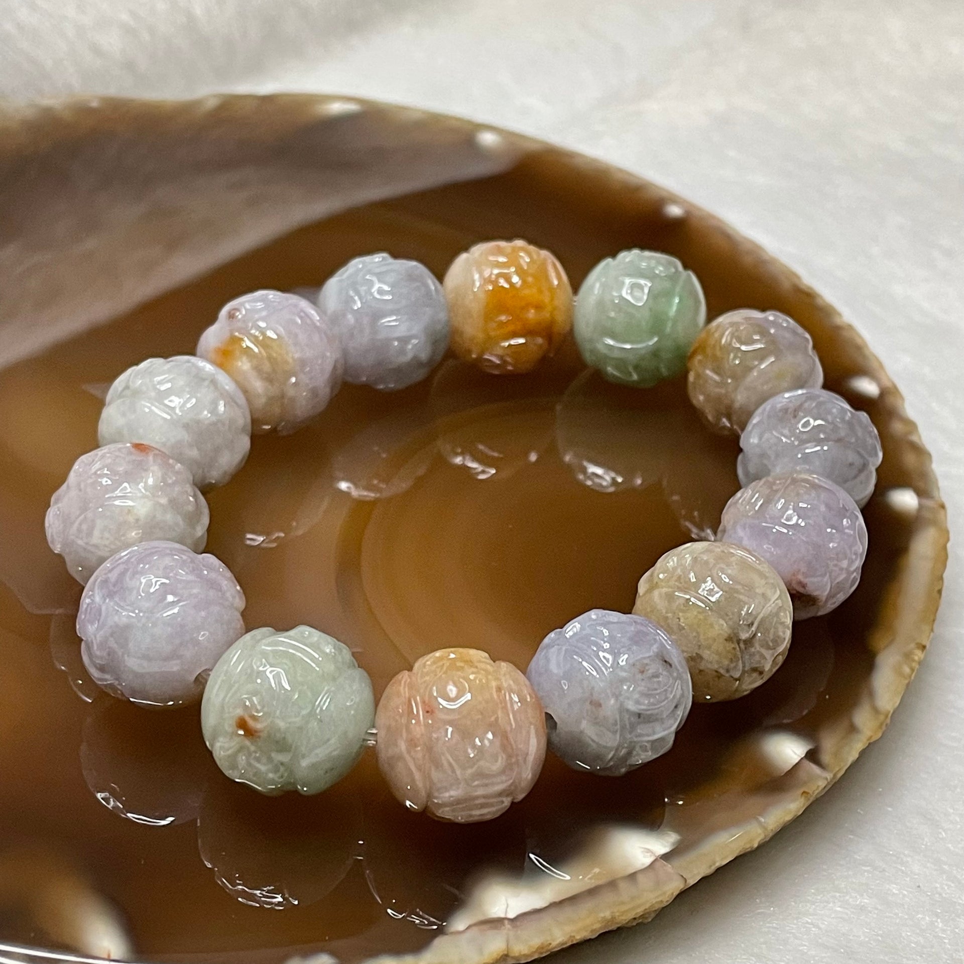 Type A Semi Icy Mixed Colour Om Mani PadMe Hum Bracelet 77.85g 15.2mm/bead 14 beads - Huangs Jadeite and Jewelry Pte Ltd