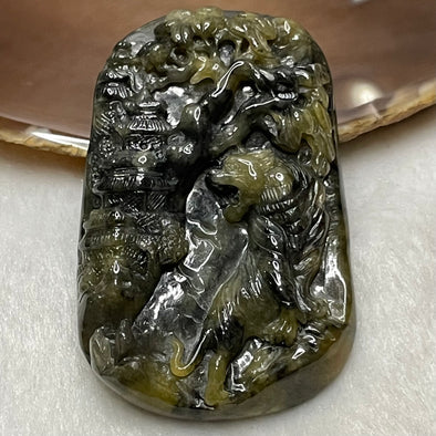 High Quality Type A Green, Grey & Yellow Jade Jadeite Tiger & Shan Shui Pendant -55.75g 62.5 by 40.9 by 10.4mm - Huangs Jadeite and Jewelry Pte Ltd