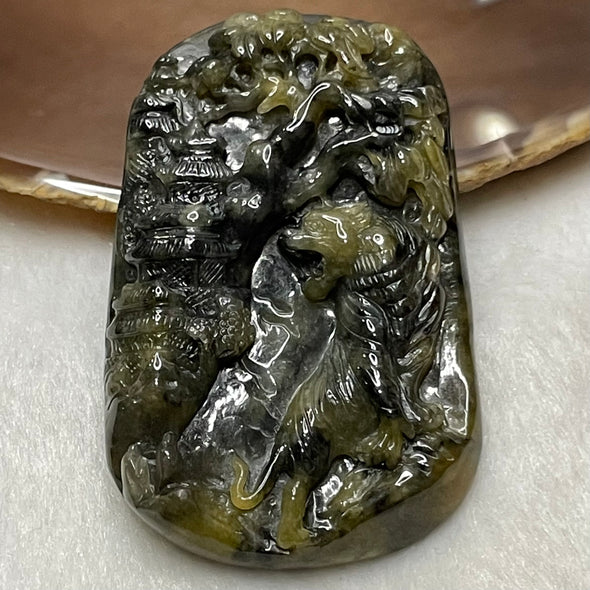 High Quality Type A Green, Grey & Yellow Jade Jadeite Tiger & Shan Shui Pendant -55.75g 62.5 by 40.9 by 10.4mm - Huangs Jadeite and Jewelry Pte Ltd