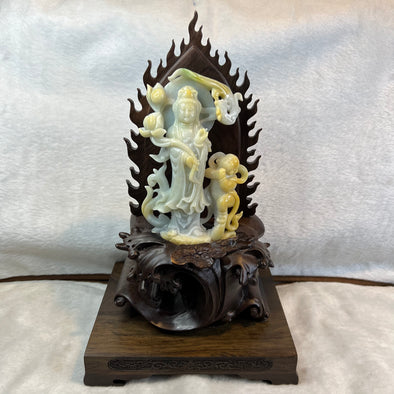 Type A Yellow and Green Jade Jadeite Guan Yin Display 475g 153.4 by 104 by 33.3mm with wooden stand total 2390g 310 by 185 by 150mm - Huangs Jadeite and Jewelry Pte Ltd