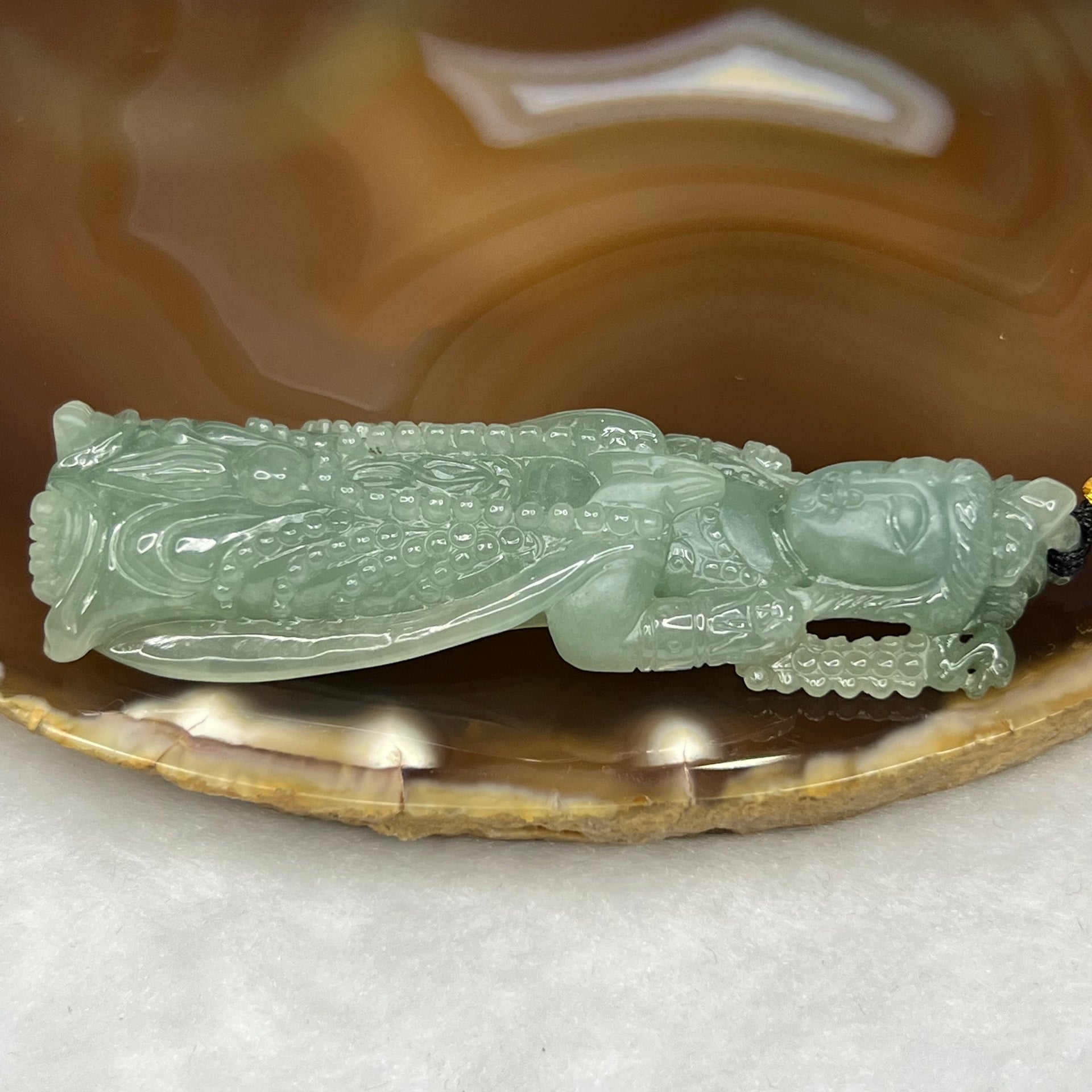 RARE 3D Carving Type A Semi Icy Green Jade Jadeite Standing Guan Yin Pendant - 35.9g 73.9 by 23.7 by 11.7mm - Huangs Jadeite and Jewelry Pte Ltd