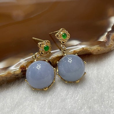 Type A Intense Lavender Jade Jadeite Earrings 18k Yellow Gold 7.2g Diameter of bead 12.1mm Length of earring 23.7mm - Huangs Jadeite and Jewelry Pte Ltd