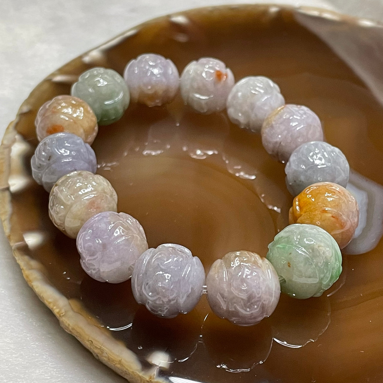 Type A Semi Icy Mixed Colour Om Mani PadMe Hum Bracelet 77.85g 15.2mm/bead 14 beads - Huangs Jadeite and Jewelry Pte Ltd