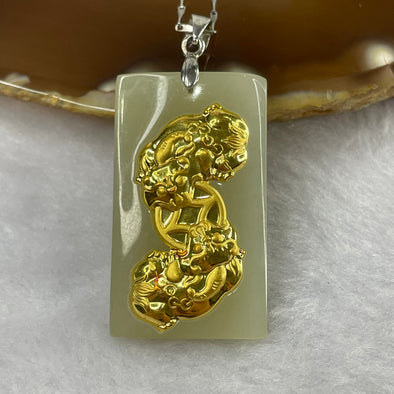 Natural White Nephrite with 24K Gold Pixiu Carving Pendant for Wealth and Protection - 8.25g 32.0 by 17.4 by 5.9mm - Huangs Jadeite and Jewelry Pte Ltd