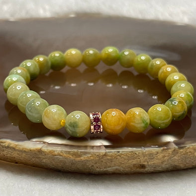 Type A Yellow with Green Patches Jade Jadeite Bracelet 17.76g 7.7mm/bead 24 beads - Huangs Jadeite and Jewelry Pte Ltd