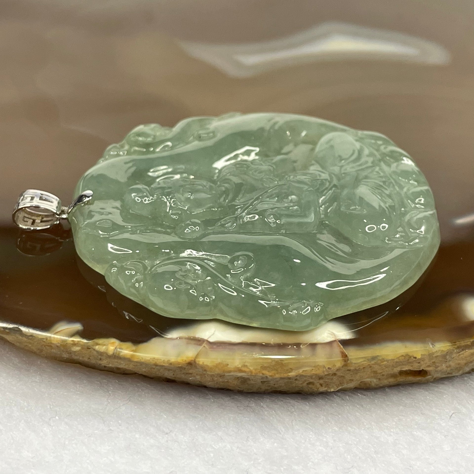 Type A Icy Green Jade Jadeite Guan Yin Pendant with 18K Gold Clasp - 26.40g 51.6 by 50.7 by 6.2mm - Huangs Jadeite and Jewelry Pte Ltd