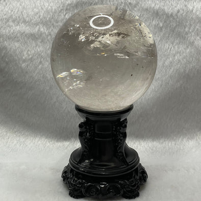 Natural Clear Quartz Crystal Ball Display With Wooden Stand - 763.6g Dimensions with Stand: 165.8 by 162.4 by 97.5mm Crystal Ball Dimensions: 87.6 by 87.6mm - Huangs Jadeite and Jewelry Pte Ltd