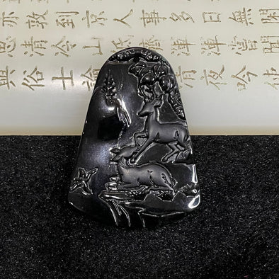 Type A Black Jade Jadeite Pair of Deers 19.91g 47.9 by 35.3 by 8.6mm - Huangs Jadeite and Jewelry Pte Ltd