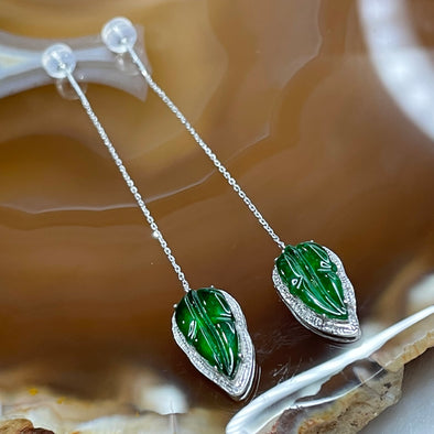 Type A Spicy Full Green Jade Jadeite Leaf 18k White Gold Earrings2.4g 74.9 by 8.9 by 4.3mm - Huangs Jadeite and Jewelry Pte Ltd