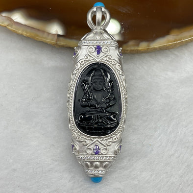 Type A Black Jade Jadeite Guan Yin With 925 Silver Setting 14.12g 58.0 by 19.4 by 9.0mm - Huangs Jadeite and Jewelry Pte Ltd