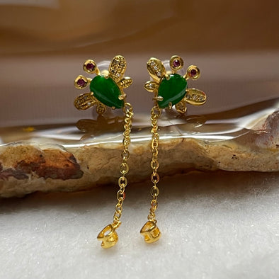 Type A Spicy Green Jade Jadeite Fly Earrings 18K Yellow Gold 1.57g 33.7 by 10.3 by 3.1mm - Huangs Jadeite and Jewelry Pte Ltd