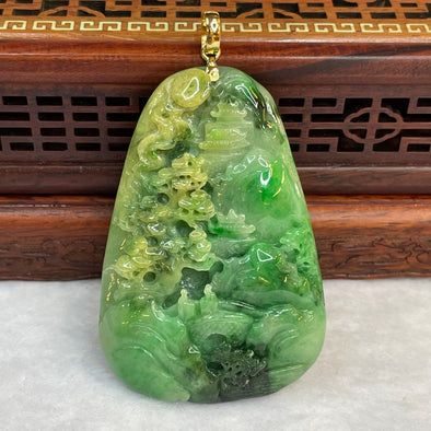 18k Yellow Gold High Quality Translucent Type A Light Green with Green, Dark Blueish Green and Russet Patches Jade Jadeite Shan Shui Pendant with NGI Cert for Benefactor Luck 231.82 cts 63.65 by 43.42 by 10.22mm - Huangs Jadeite and Jewelry Pte Ltd