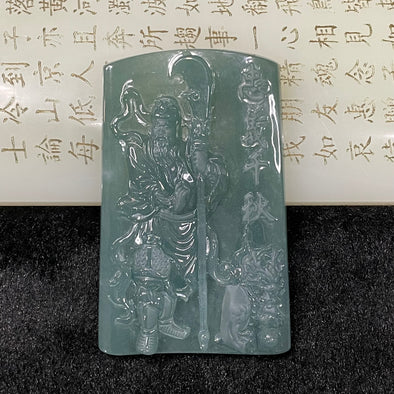 Type A Icy Blueish Green Standing Guan Gong Jade Jadeite Pendant - 48.78g 74.0 by 46.7 by 6.9mm - Huangs Jadeite and Jewelry Pte Ltd