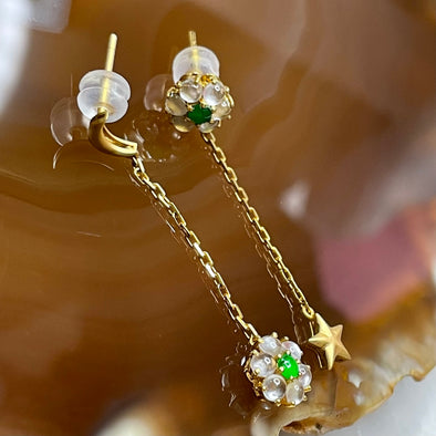 Type A Icy Jade Jadeite Flower, Moon & Star Earrings 18k Yellow Gold 1.91g 38.2 by 7.4 by 4.3mm - Huangs Jadeite and Jewelry Pte Ltd