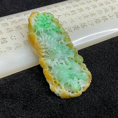 High Quality Type A Spicy Green & Yellow Jade Jadeite Dragon Phoenix Pendant - 55.16g 80.6 by 35.9 by 13.9mm - Huangs Jadeite and Jewelry Pte Ltd