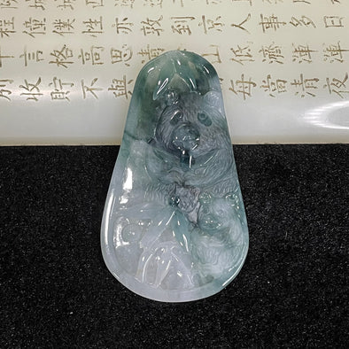 Type A Blueish Green Panda & cub Jade Jadeite 28.55g 67.1 by 38.8 by 6.3mm - Huangs Jadeite and Jewelry Pte Ltd