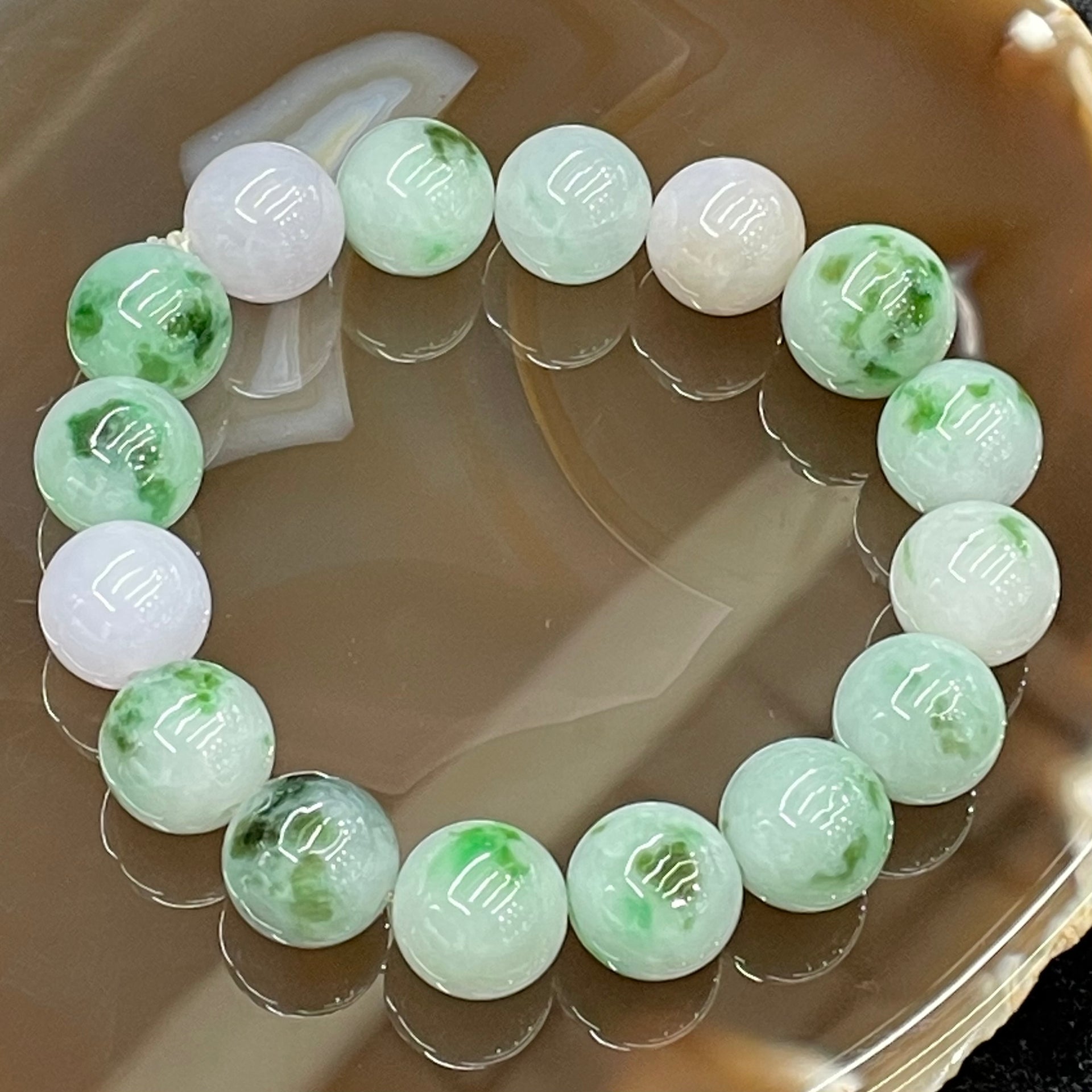 Type A Burmese Green & Lavender Floating Spicy Green Jade Jadeite Bracelet - 62.49g 13.0-14.0mm/bead 16 beads - Huangs Jadeite and Jewelry Pte Ltd