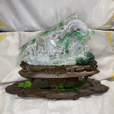 Type A Green, Yellow & Spicy Green Jade Jadeite Shan Shui 摆件多子多福 with Wooden Stand Display Piece - 3.015kg Dimensions with Stand - 51 by 40 by 19cm Jade Dimensions - 37 by 24 by 5cm - Huangs Jadeite and Jewelry Pte Ltd