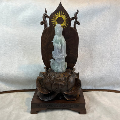 Type A Lavender and Green Jade Jadeite Guan Yin Display 210.5g 142.6 by 53.6 by 24.1mm with wooden stand total 1515g 310 by 152 by 106mm - Huangs Jadeite and Jewelry Pte Ltd